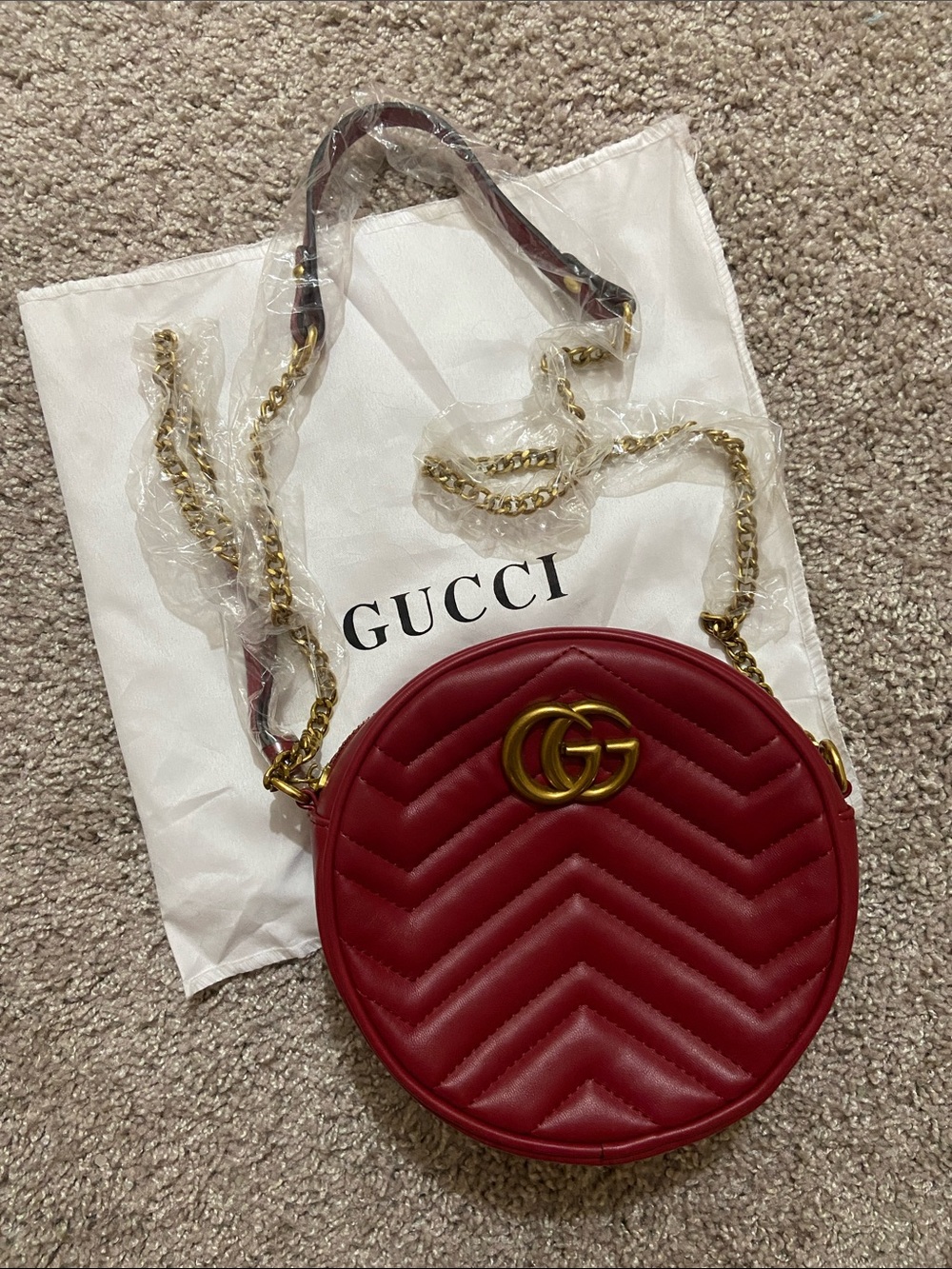 Designer inspired G G Red Quilted Round Crossbody with Gold Double-G